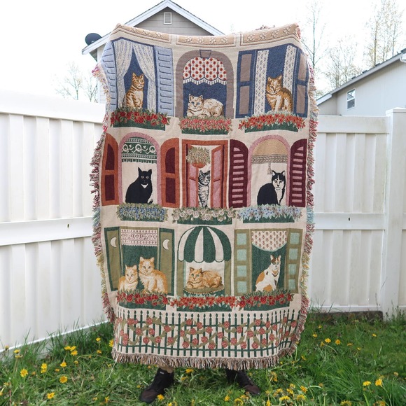 Vintage 90s multicolor cats in windows woven tapestry blanket - Picture 2 of 4